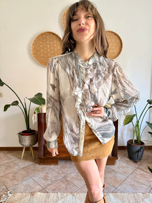 1970's vintage cream and grey ruffle blouse