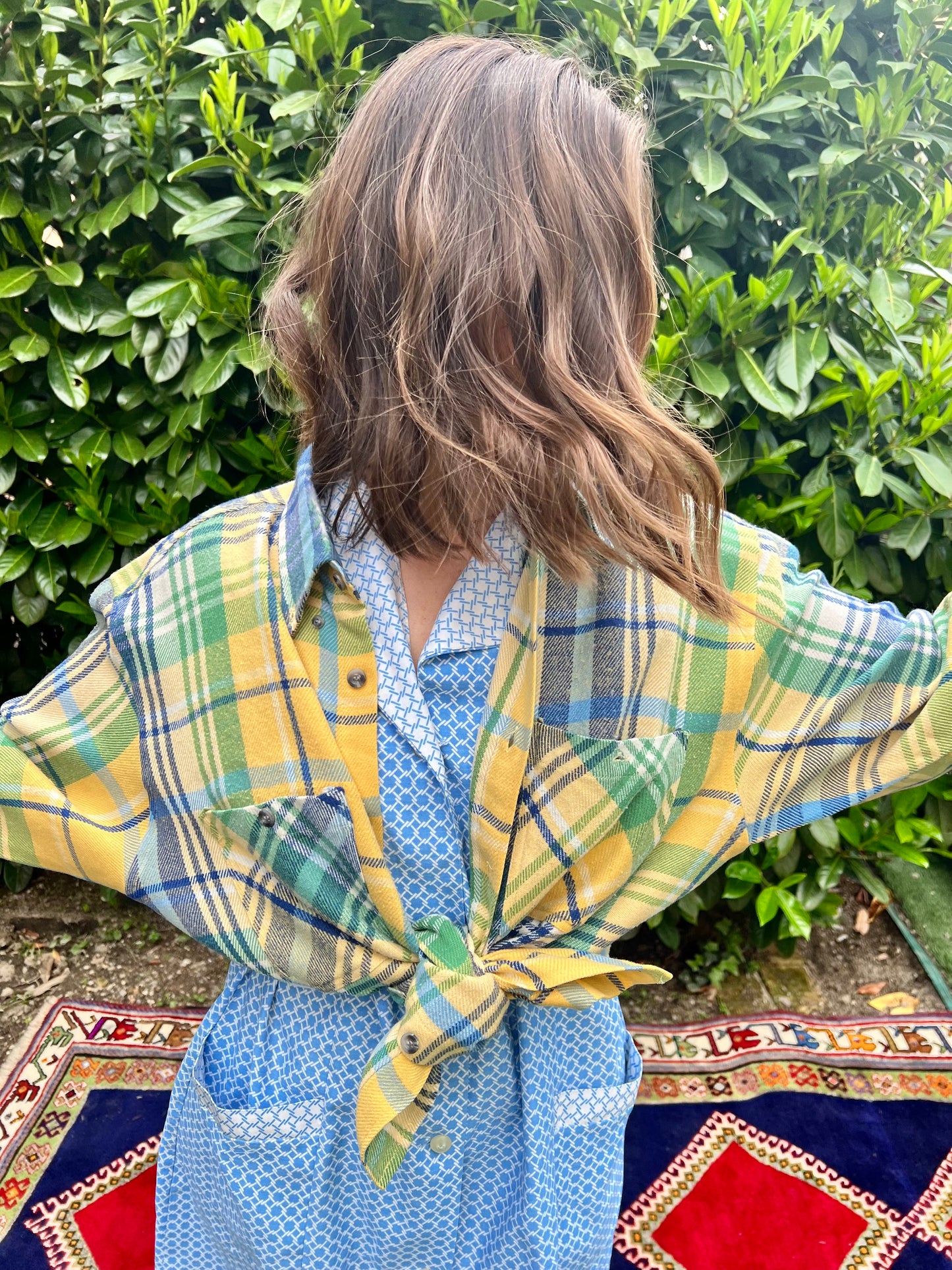 1990's vintage oversize yellow, blue and green flannel shirt