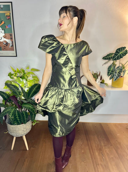 1980's vintage olive green silk ruffle mini dress