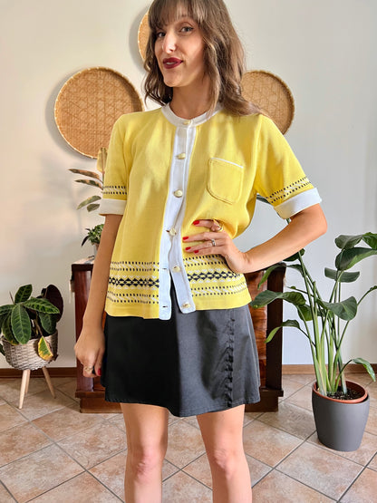 1980's vintage yellow short sleeve knit cardigan with black and white knit pattern