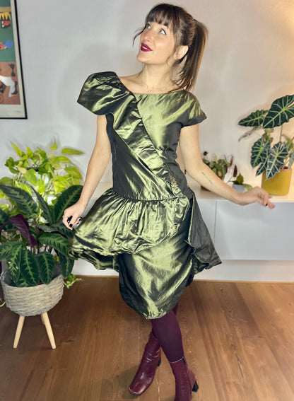 1980's vintage olive green silk ruffle mini dress