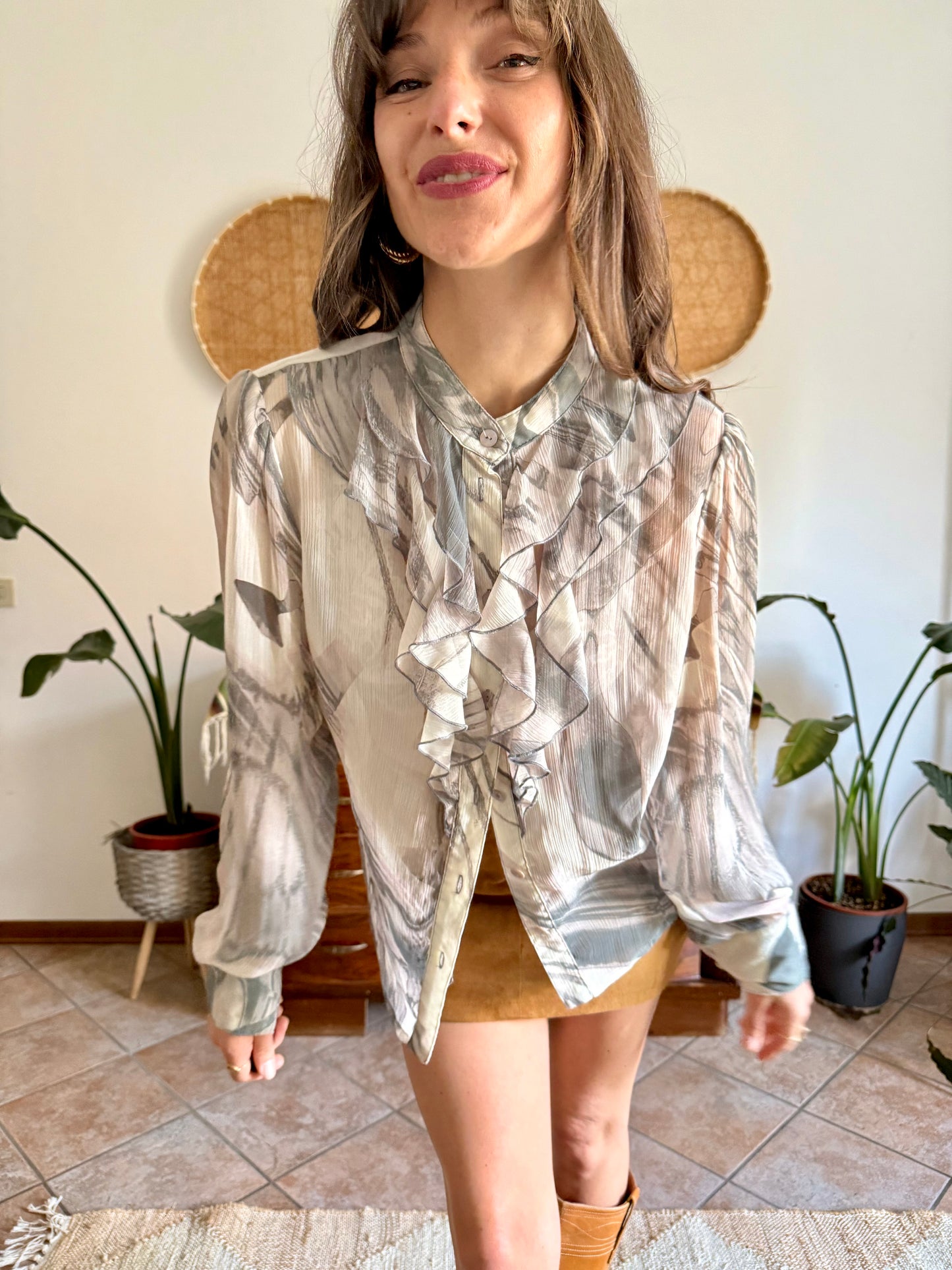 1970's vintage cream and grey ruffle blouse