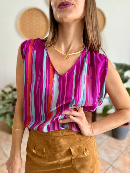 1970's vintage turquoise, pink and fuchsia abstract stripe silk blouse