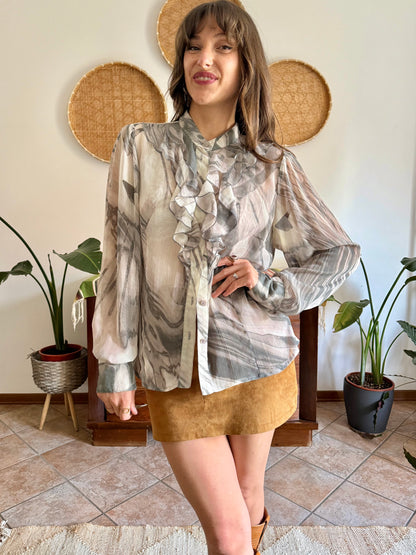 1970's vintage cream and grey ruffle blouse