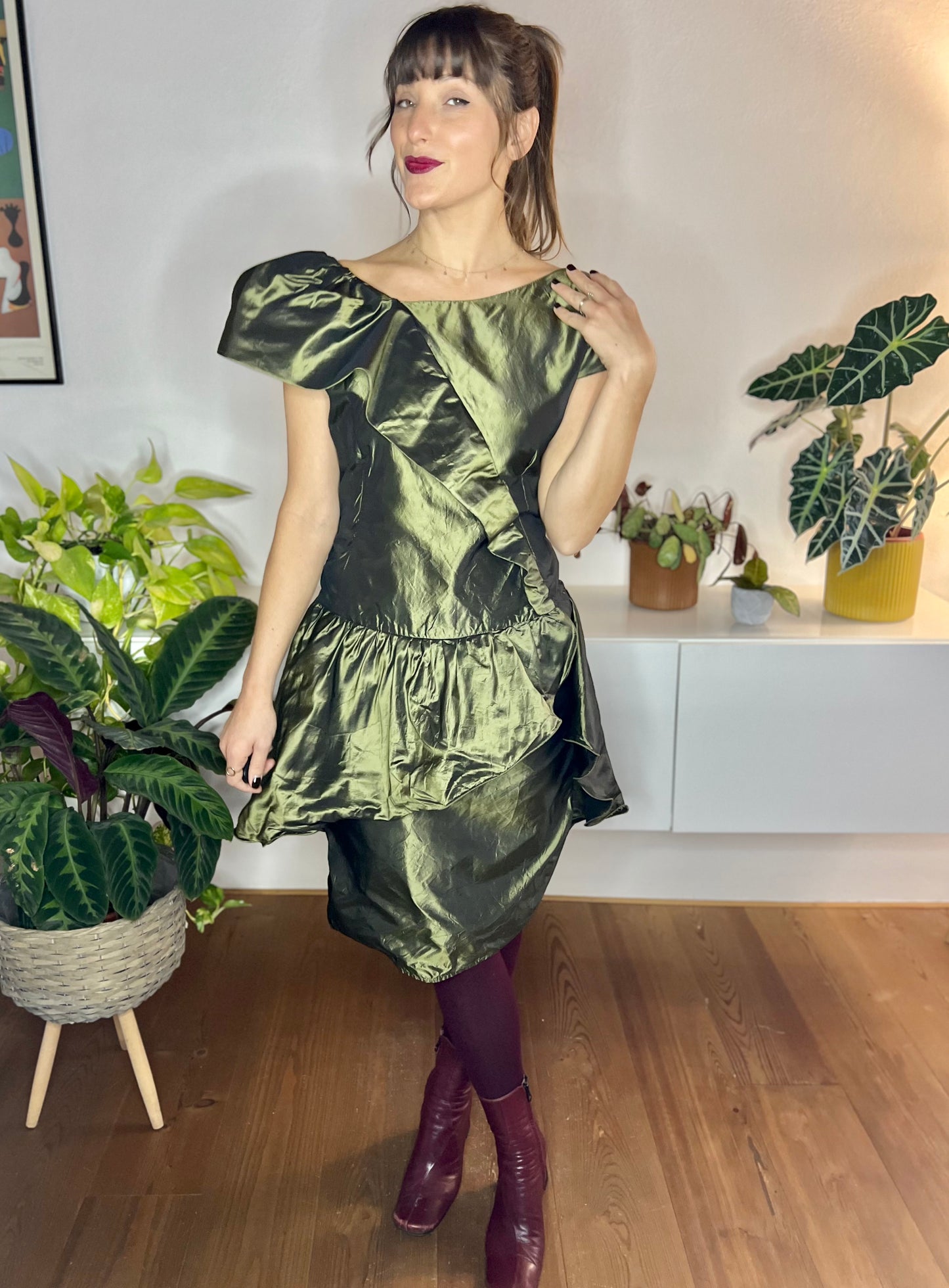 1980's vintage olive green silk ruffle mini dress