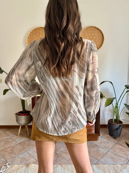 1970's vintage cream and grey ruffle blouse