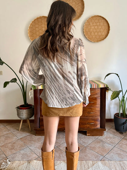 1970's vintage cream and grey ruffle blouse