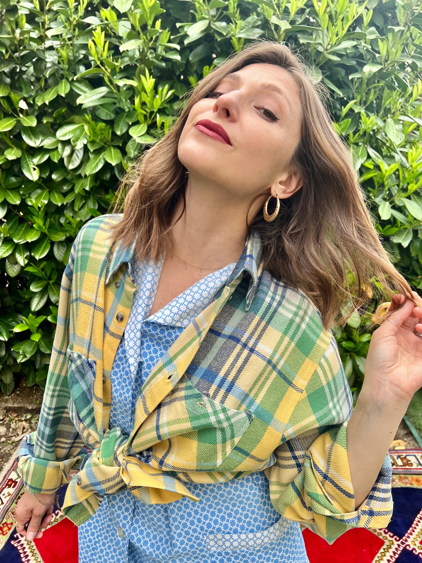 1990's vintage oversize yellow, blue and green flannel shirt