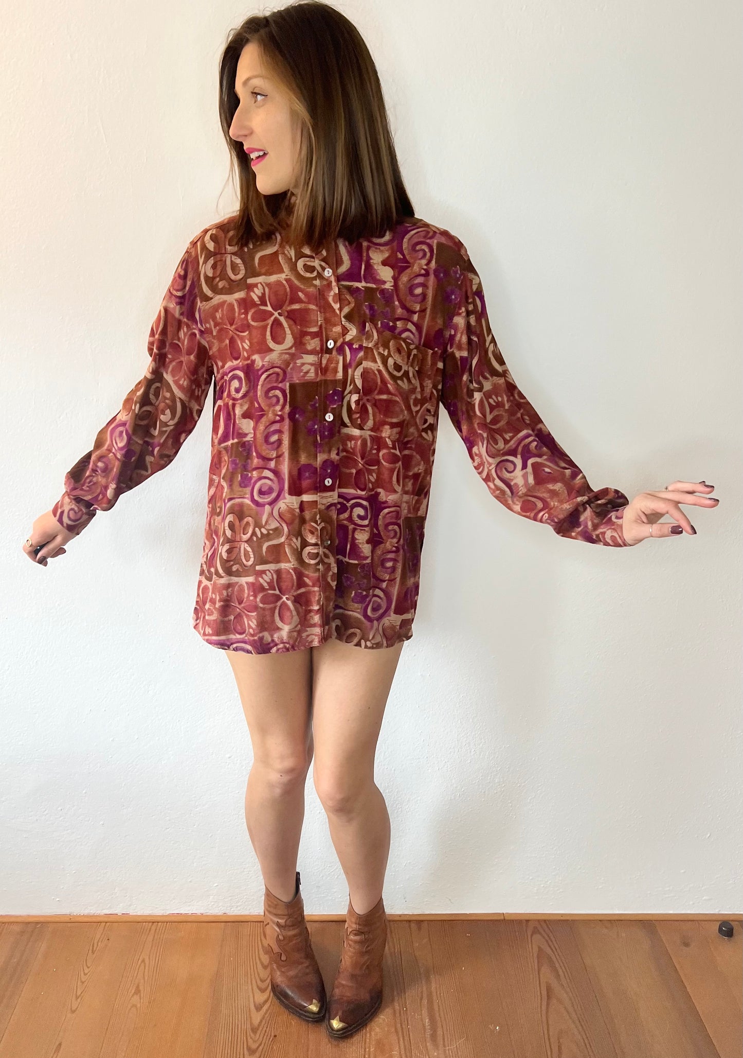 1970's vintage purple and tan abstract floral print blouse