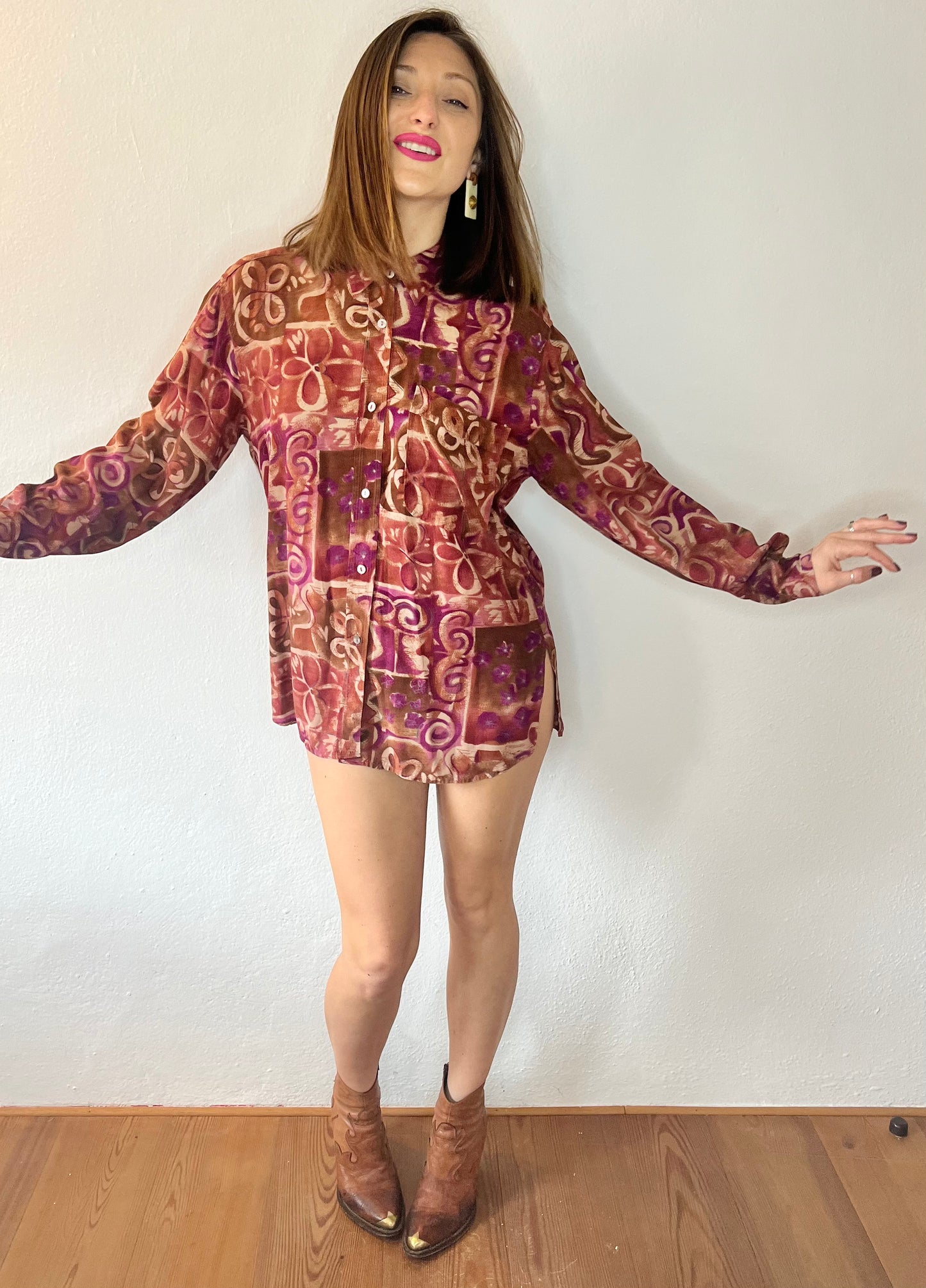 1970's vintage purple and tan abstract floral print blouse