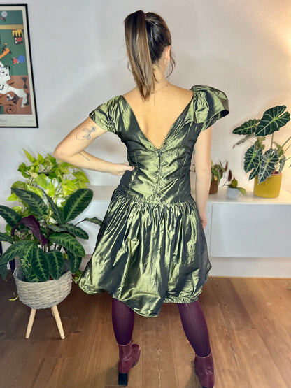 1980's vintage olive green silk ruffle mini dress