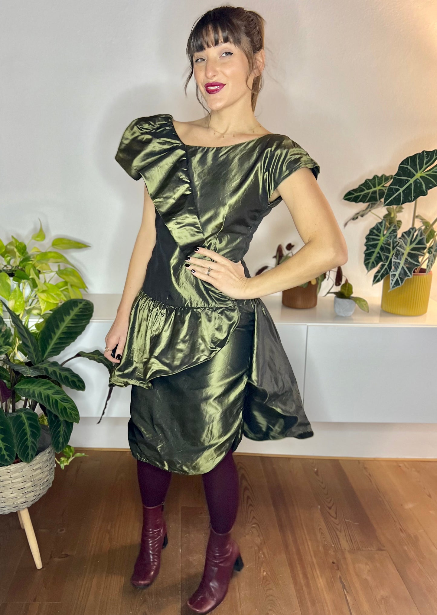 1980's vintage olive green silk ruffle mini dress