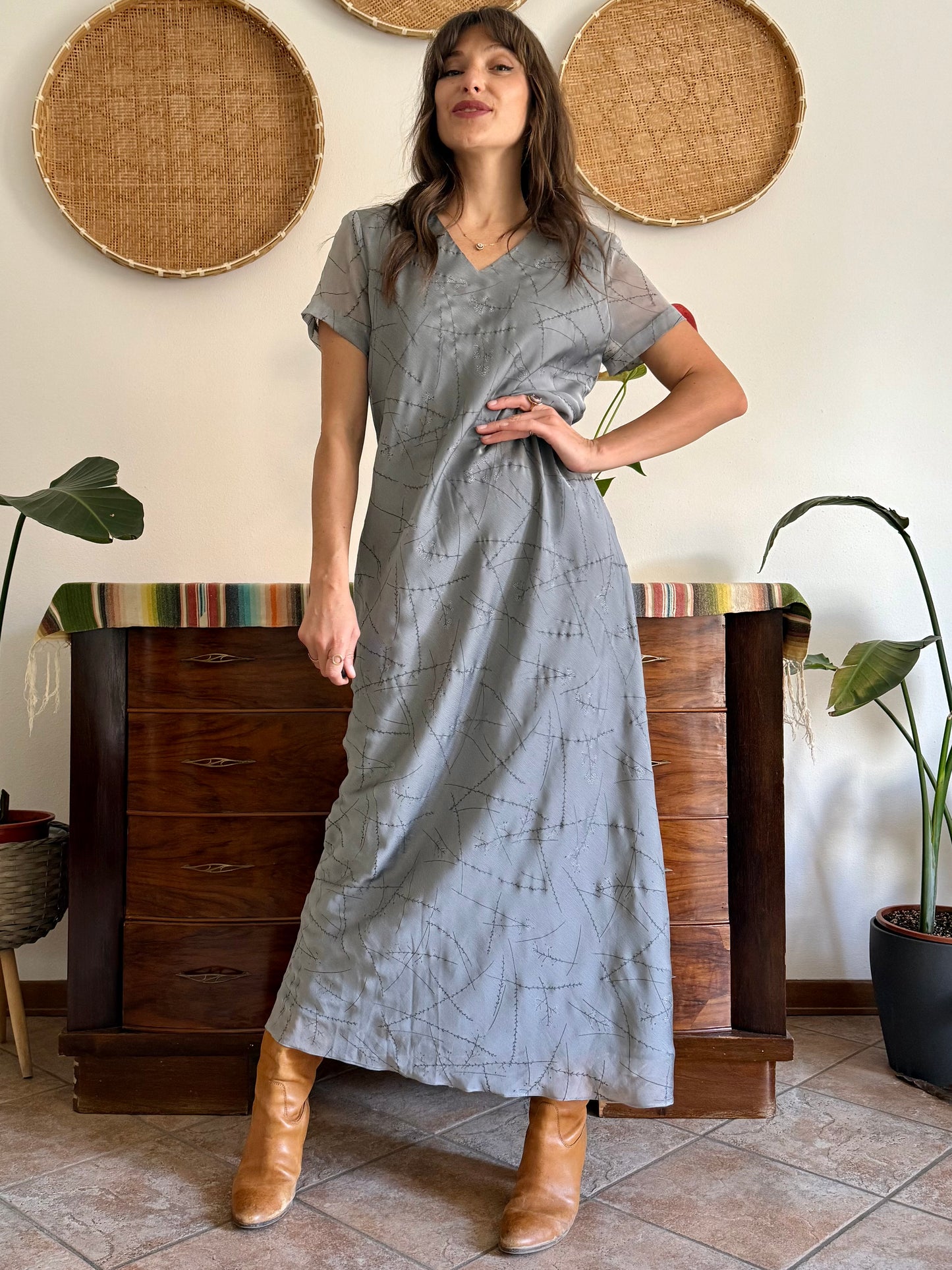 1990's vintage silver textured maxi dress with cherry blossom pattern