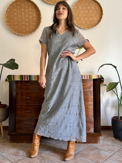 1990's vintage silver textured maxi dress with cherry blossom pattern