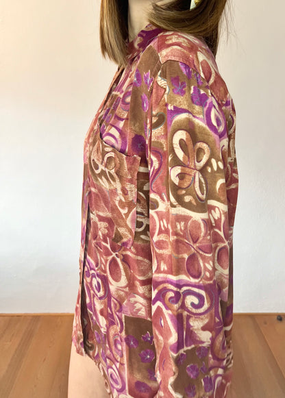 1970's vintage purple and tan abstract floral print blouse