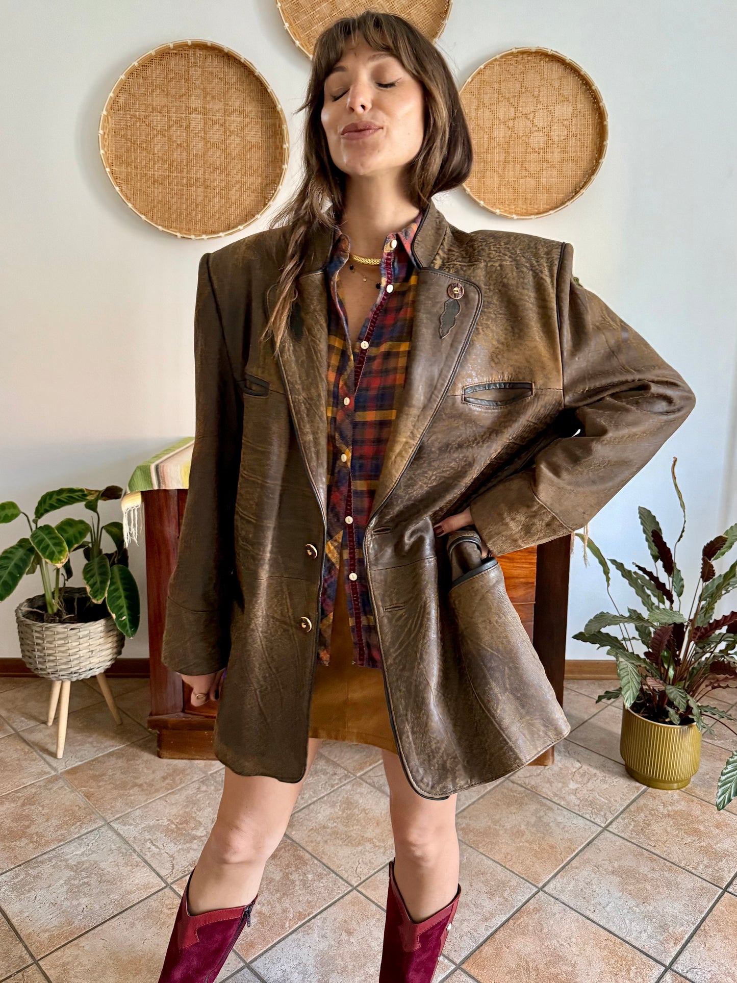 1970's vintage chocolate brown trachten style leather coat