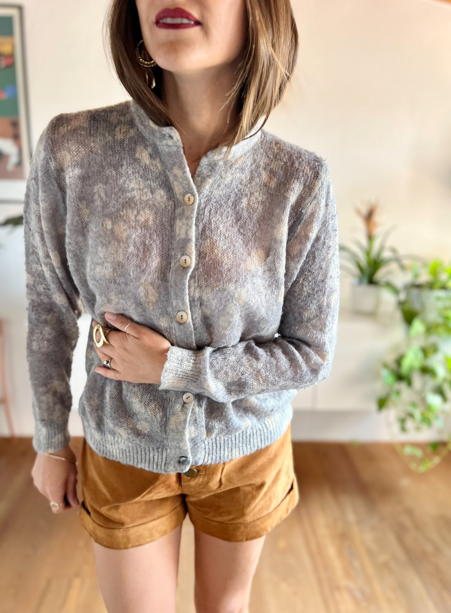 1970's vintage grey and cream floral mohair blend cardigan