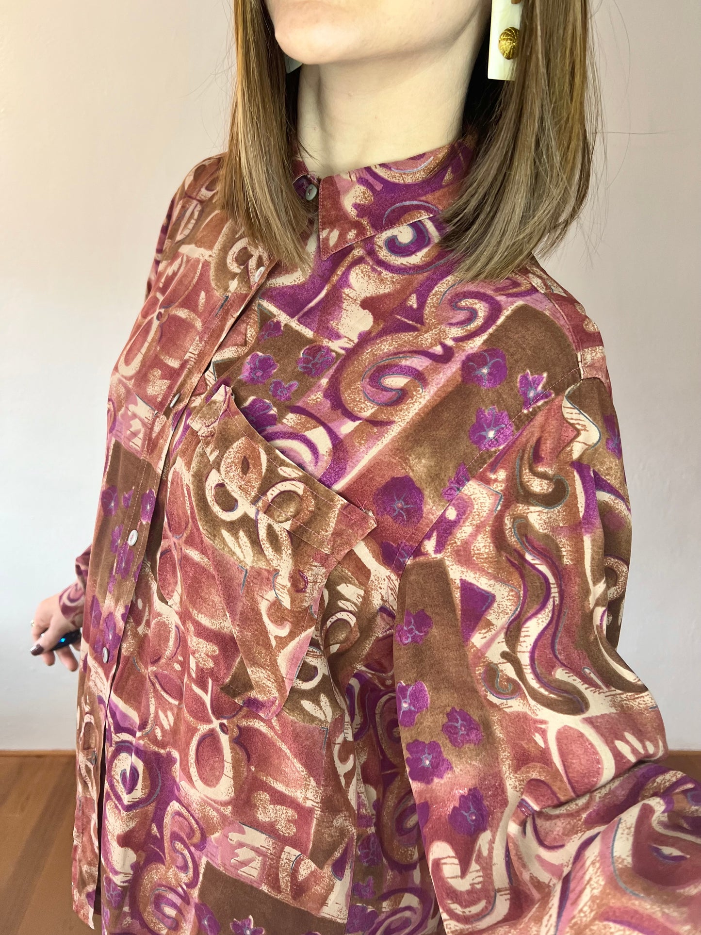 1970's vintage purple and tan abstract floral print blouse