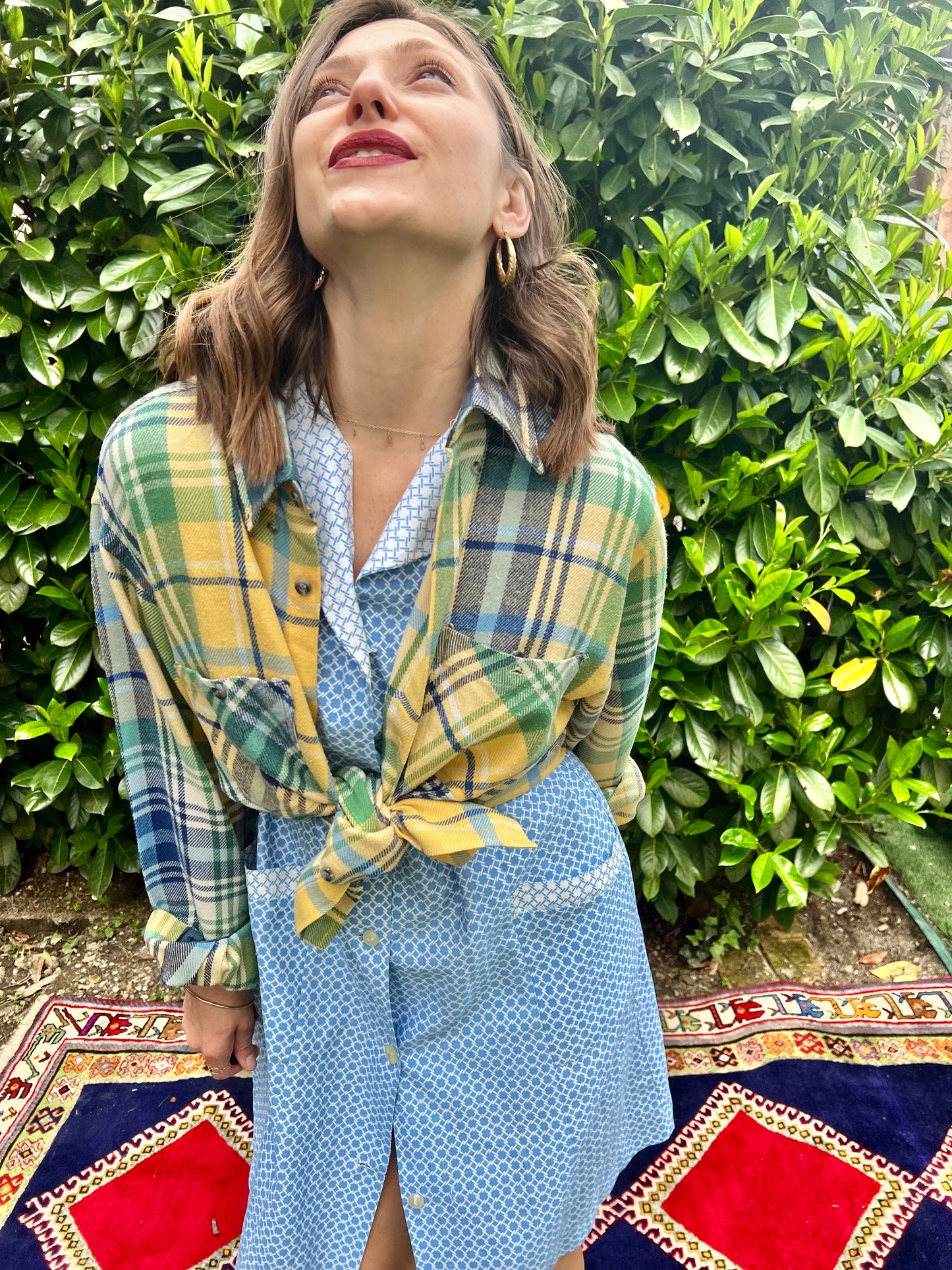 1990's vintage oversize yellow, blue and green flannel shirt