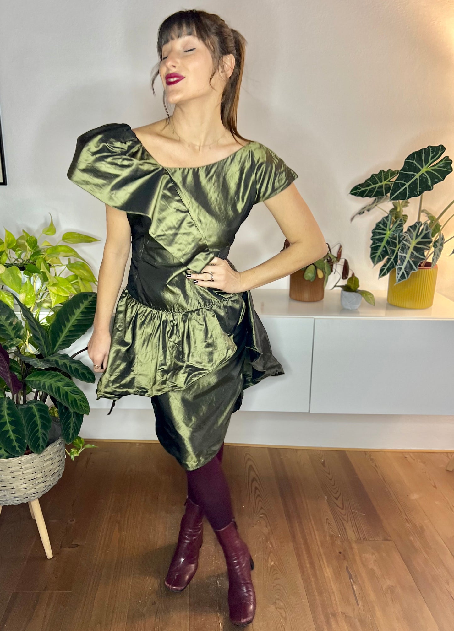 1980's vintage olive green silk ruffle mini dress