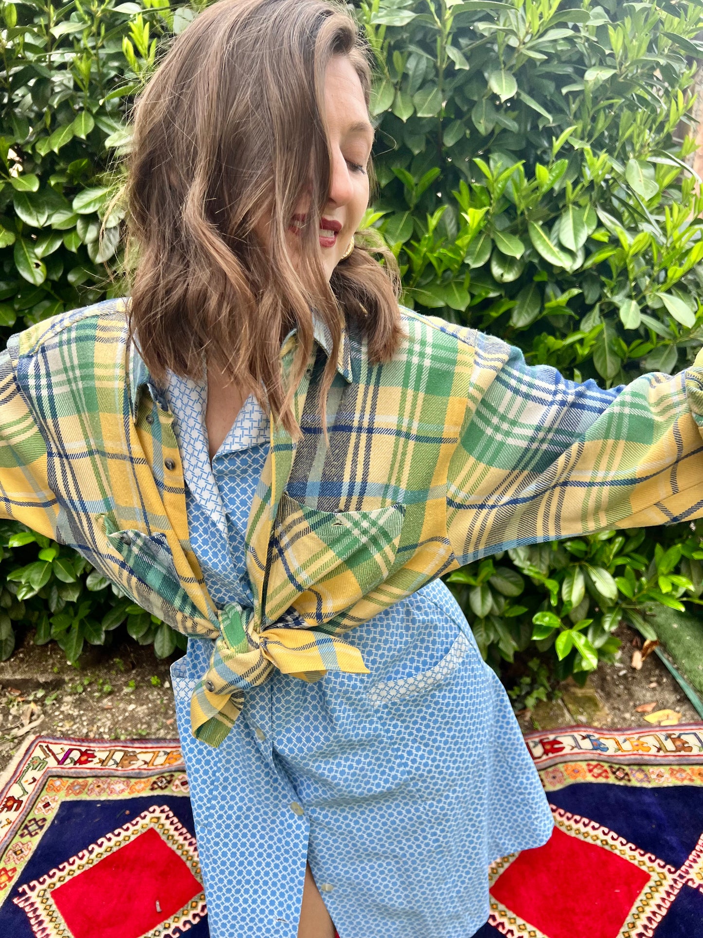 1990's vintage oversize yellow, blue and green flannel shirt