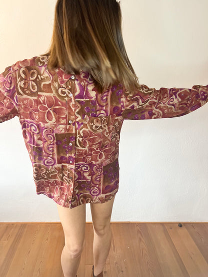 1970's vintage purple and tan abstract floral print blouse