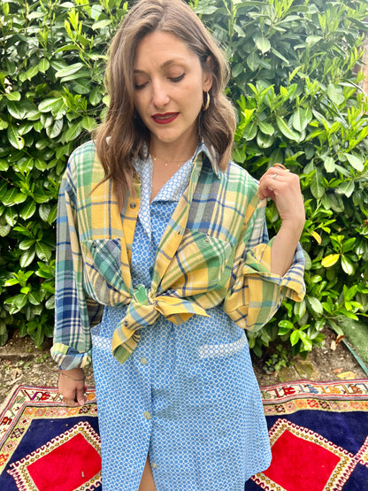 1990's vintage oversize yellow, blue and green flannel shirt