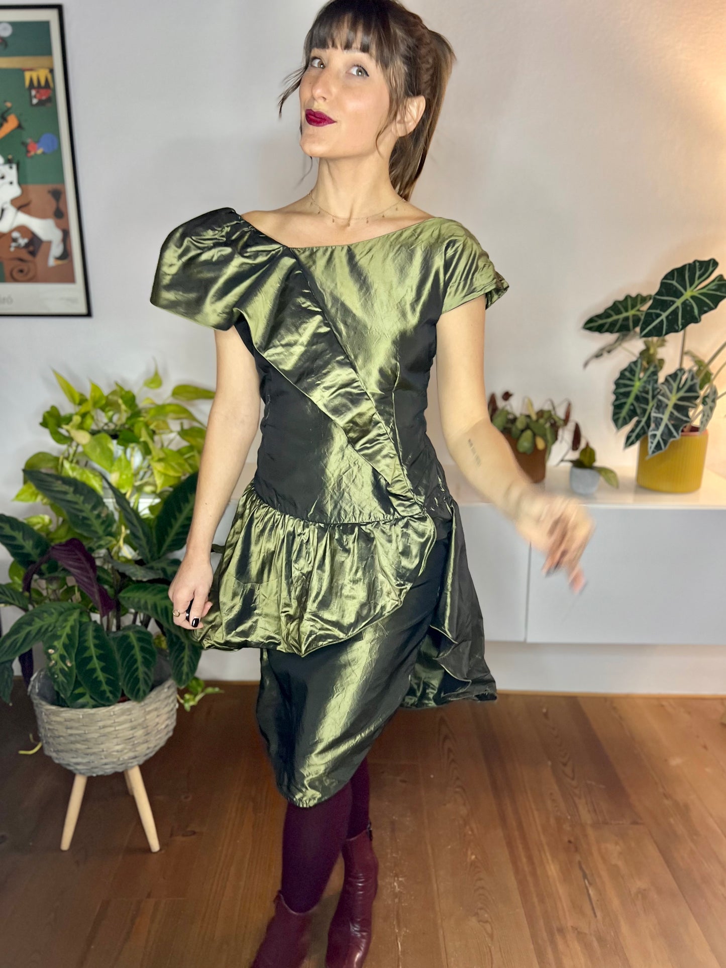 1980's vintage olive green silk ruffle mini dress