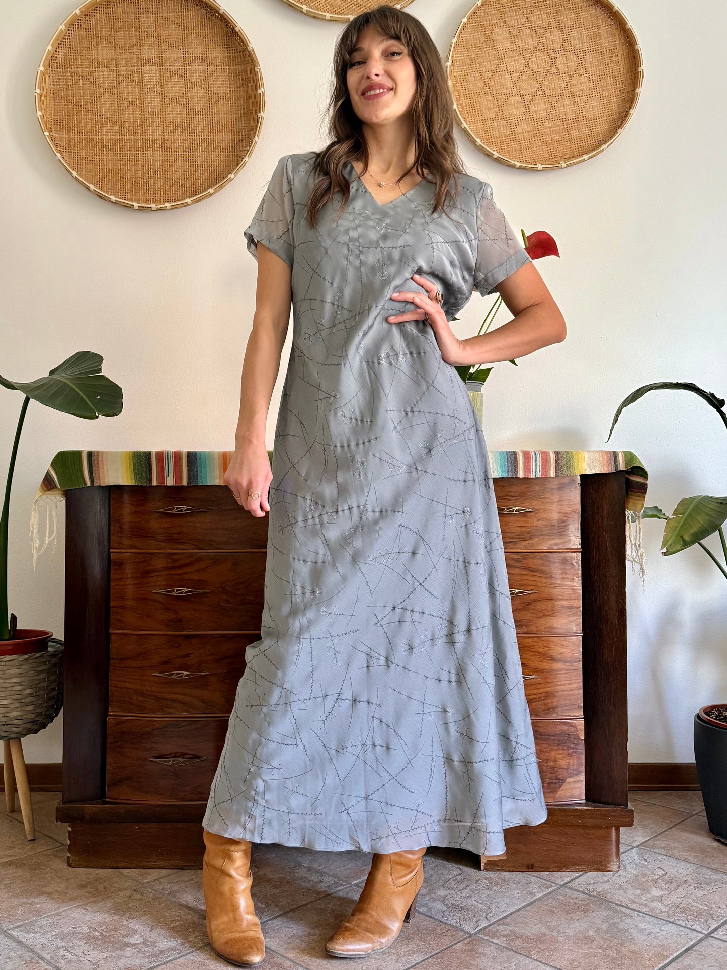 1990's vintage silver textured maxi dress with cherry blossom pattern