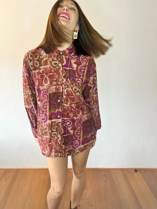 1970's vintage purple and tan abstract floral print blouse