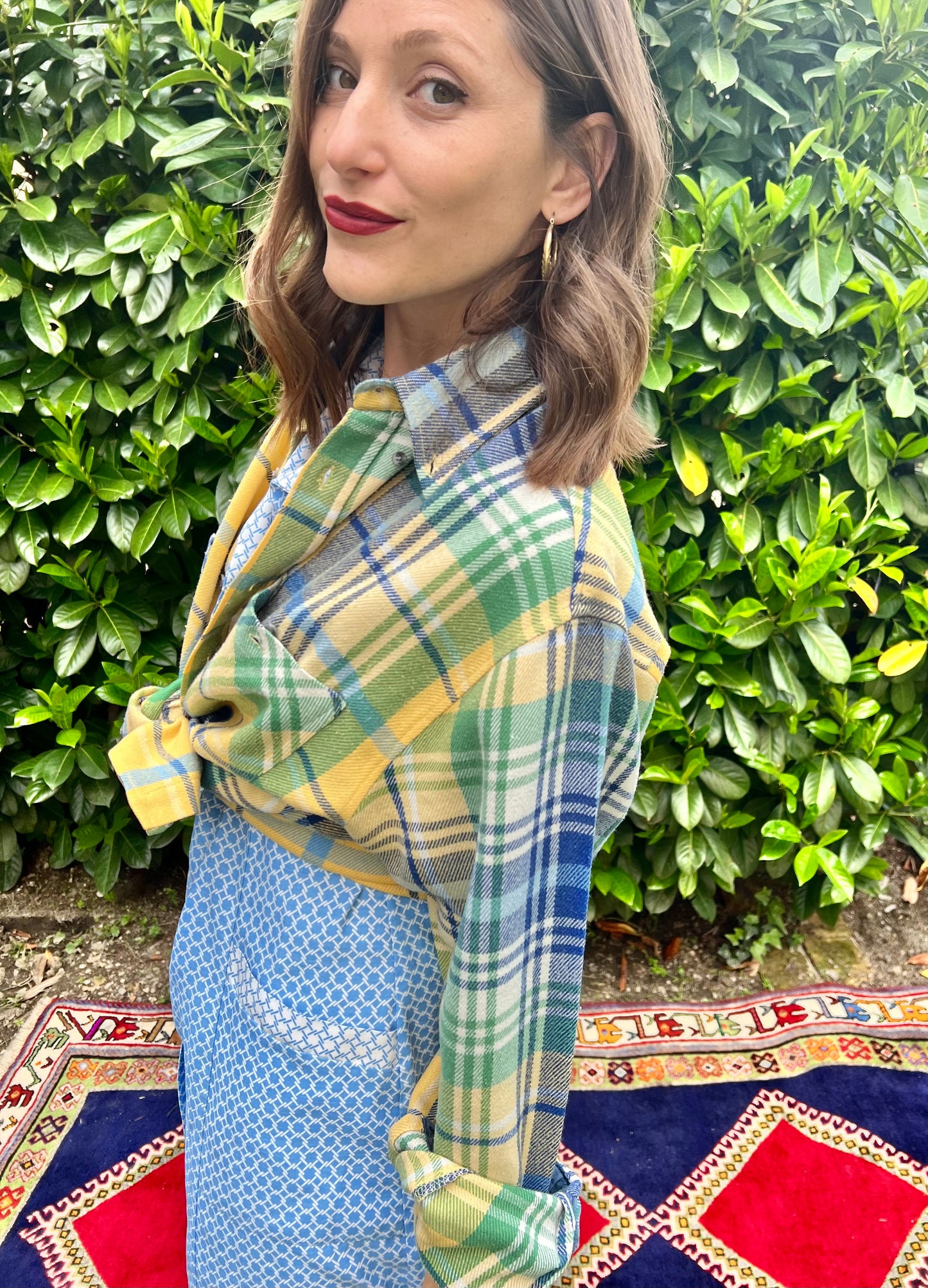 1990's vintage oversize yellow, blue and green flannel shirt