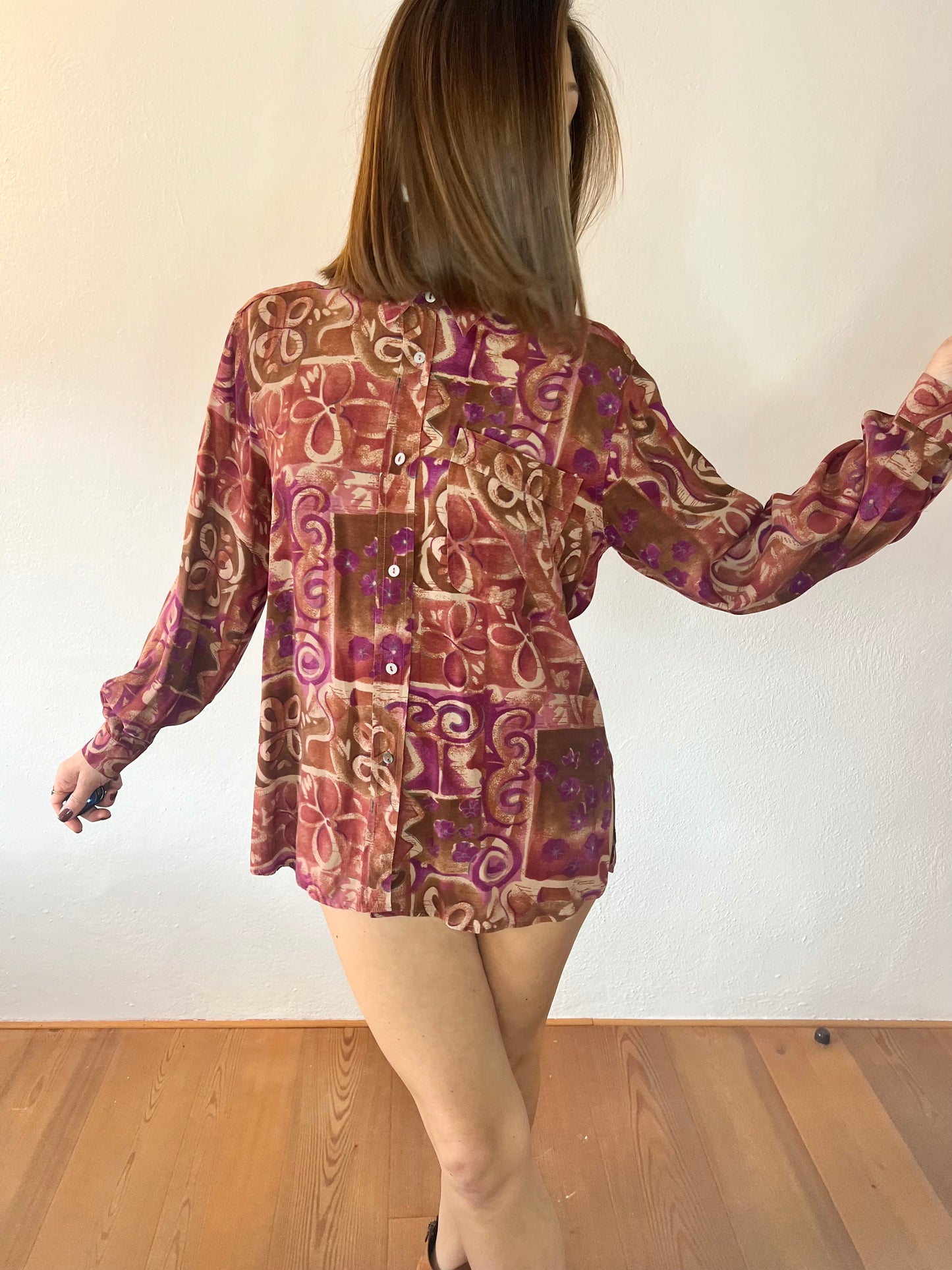 1970's vintage purple and tan abstract floral print blouse