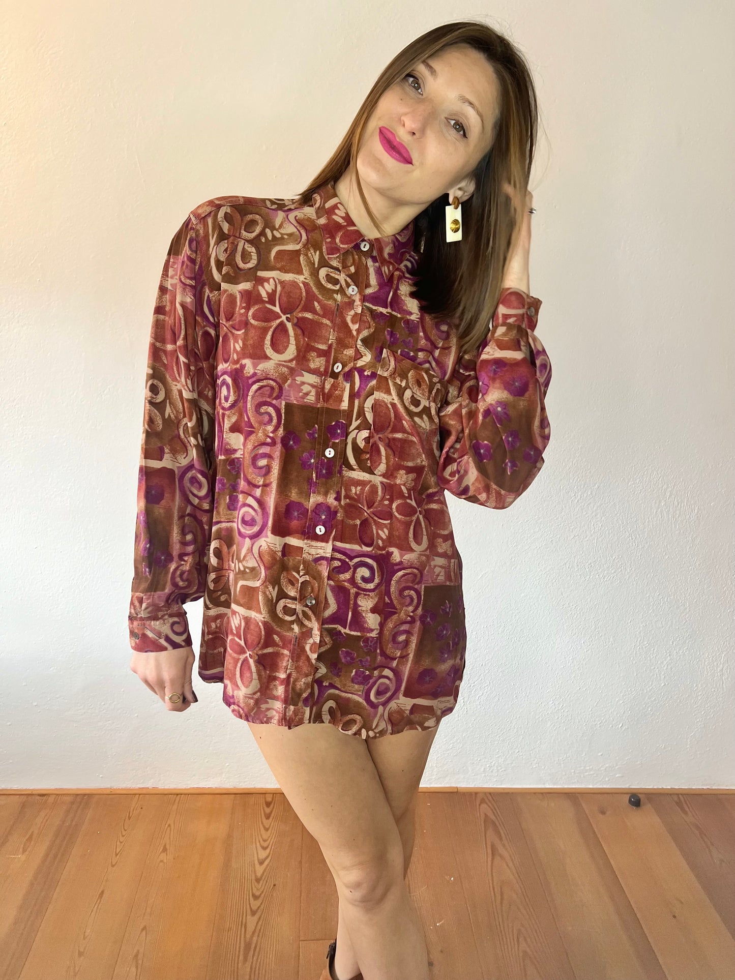 1970's vintage purple and tan abstract floral print blouse