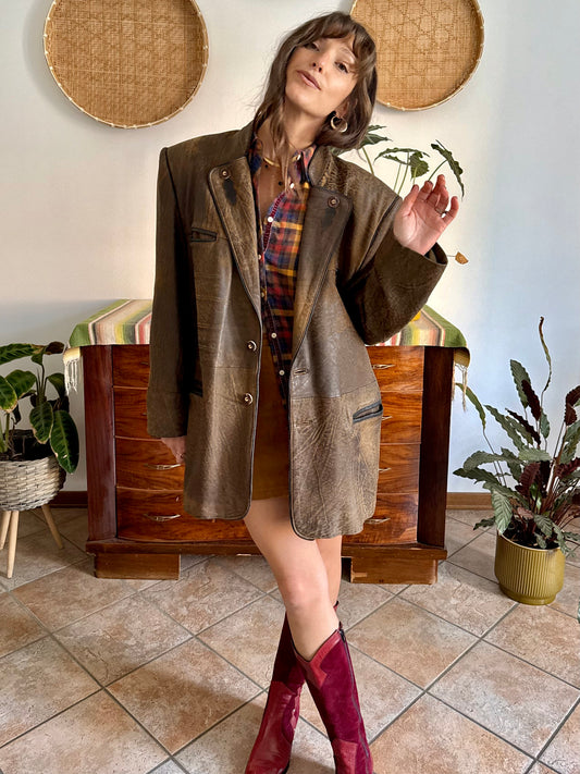 1970's vintage chocolate brown trachten style leather coat