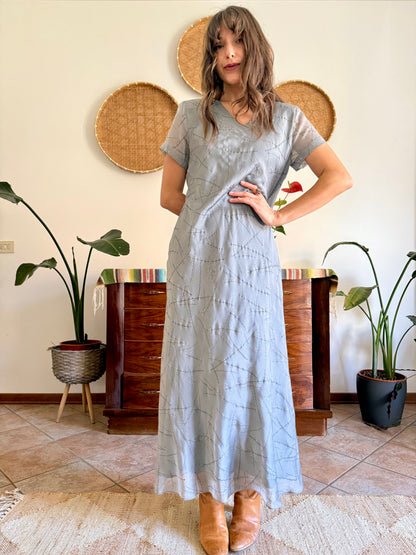 1990's vintage silver textured maxi dress with cherry blossom pattern