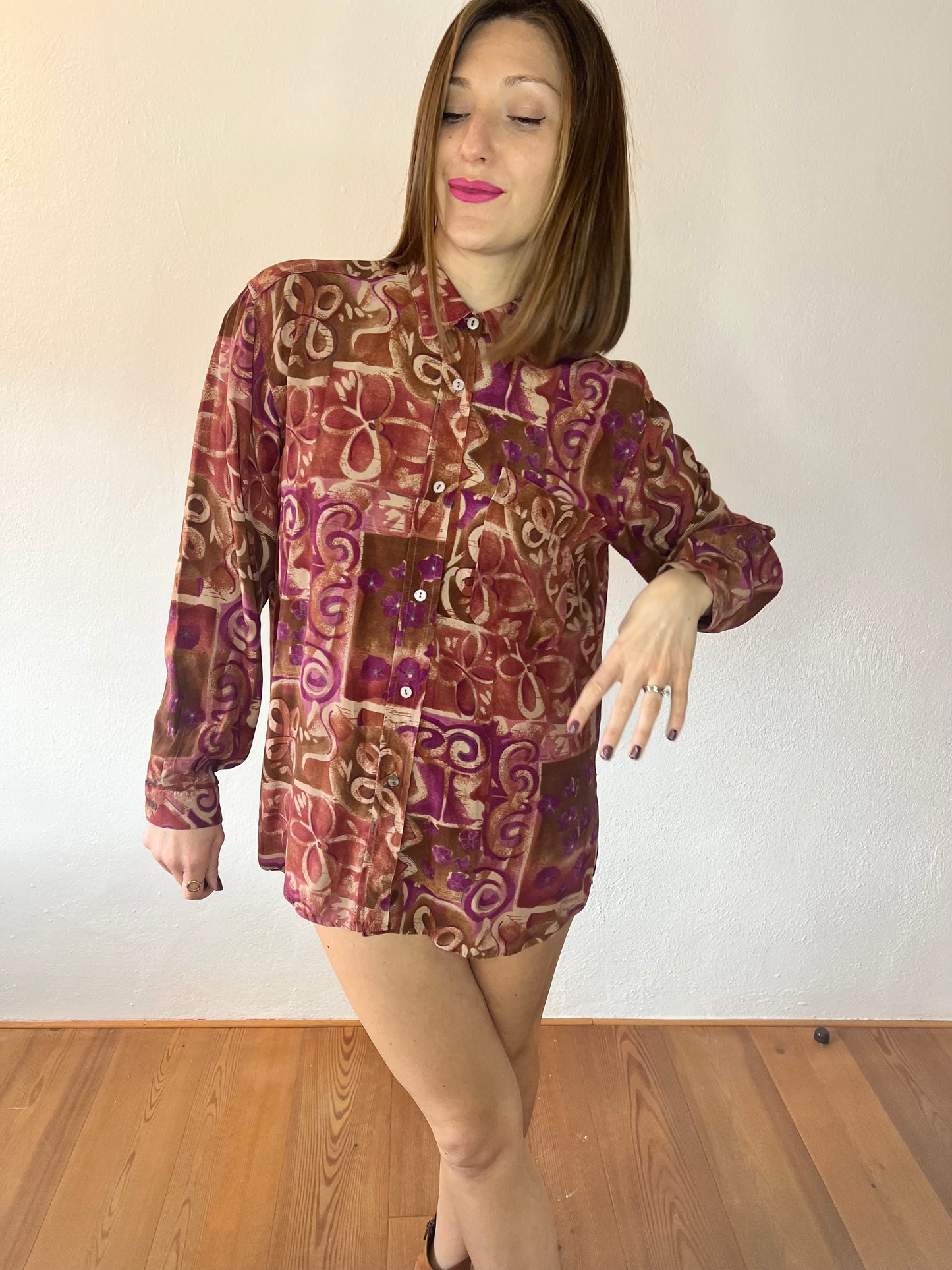 1970's vintage purple and tan abstract floral print blouse