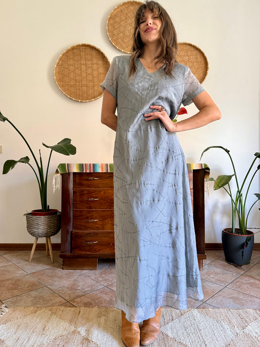 1990's vintage silver textured maxi dress with cherry blossom pattern
