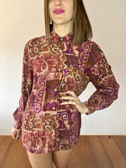 1970's vintage purple and tan abstract floral print blouse