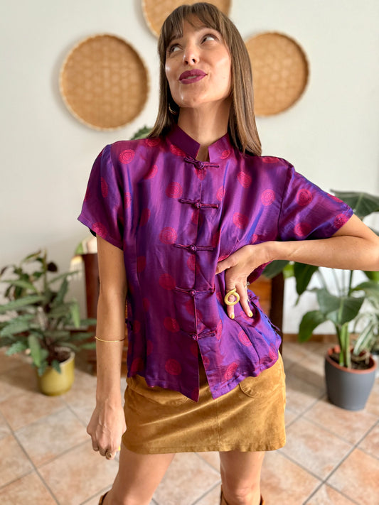 1990's vintage purple and fuchsia iridescent silk Vietnamese blouse