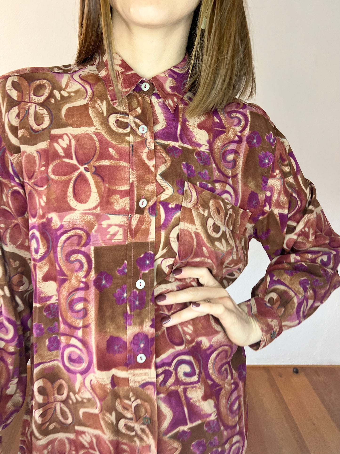 1970's vintage purple and tan abstract floral print blouse