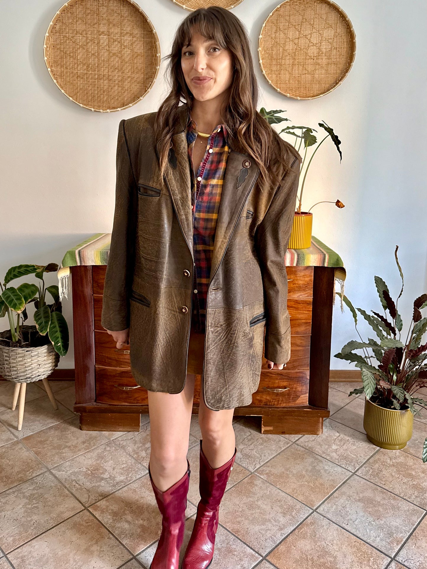 1970's vintage chocolate brown trachten style leather coat