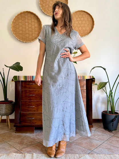 1990's vintage silver textured maxi dress with cherry blossom pattern