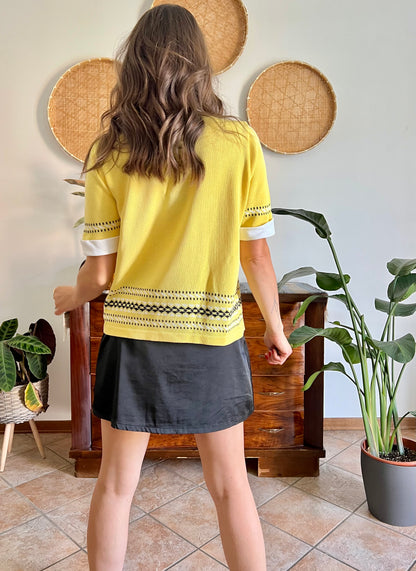 1980's vintage yellow short sleeve knit cardigan with black and white knit pattern