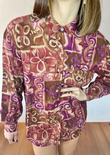 1970's vintage purple and tan abstract floral print blouse