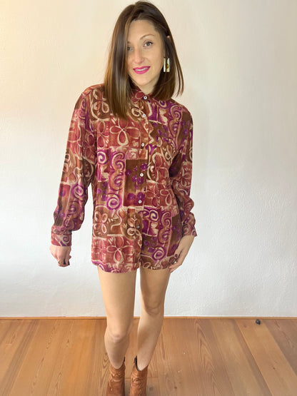 1970's vintage purple and tan abstract floral print blouse