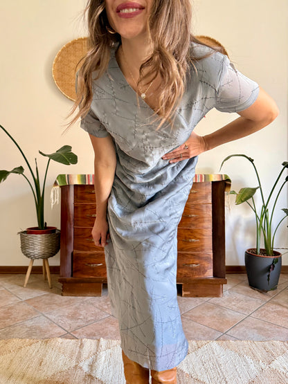 1990's vintage silver textured maxi dress with cherry blossom pattern