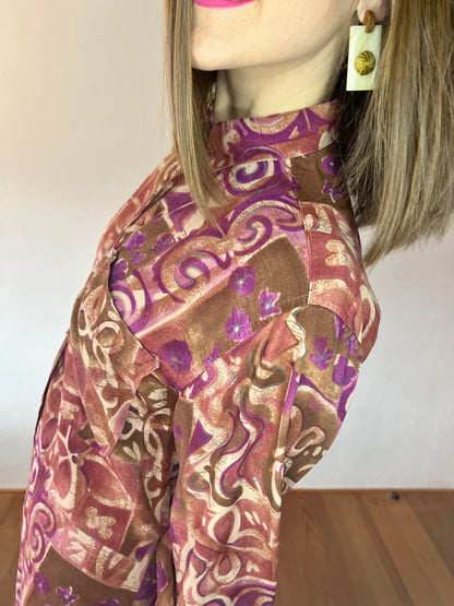 1970's vintage purple and tan abstract floral print blouse