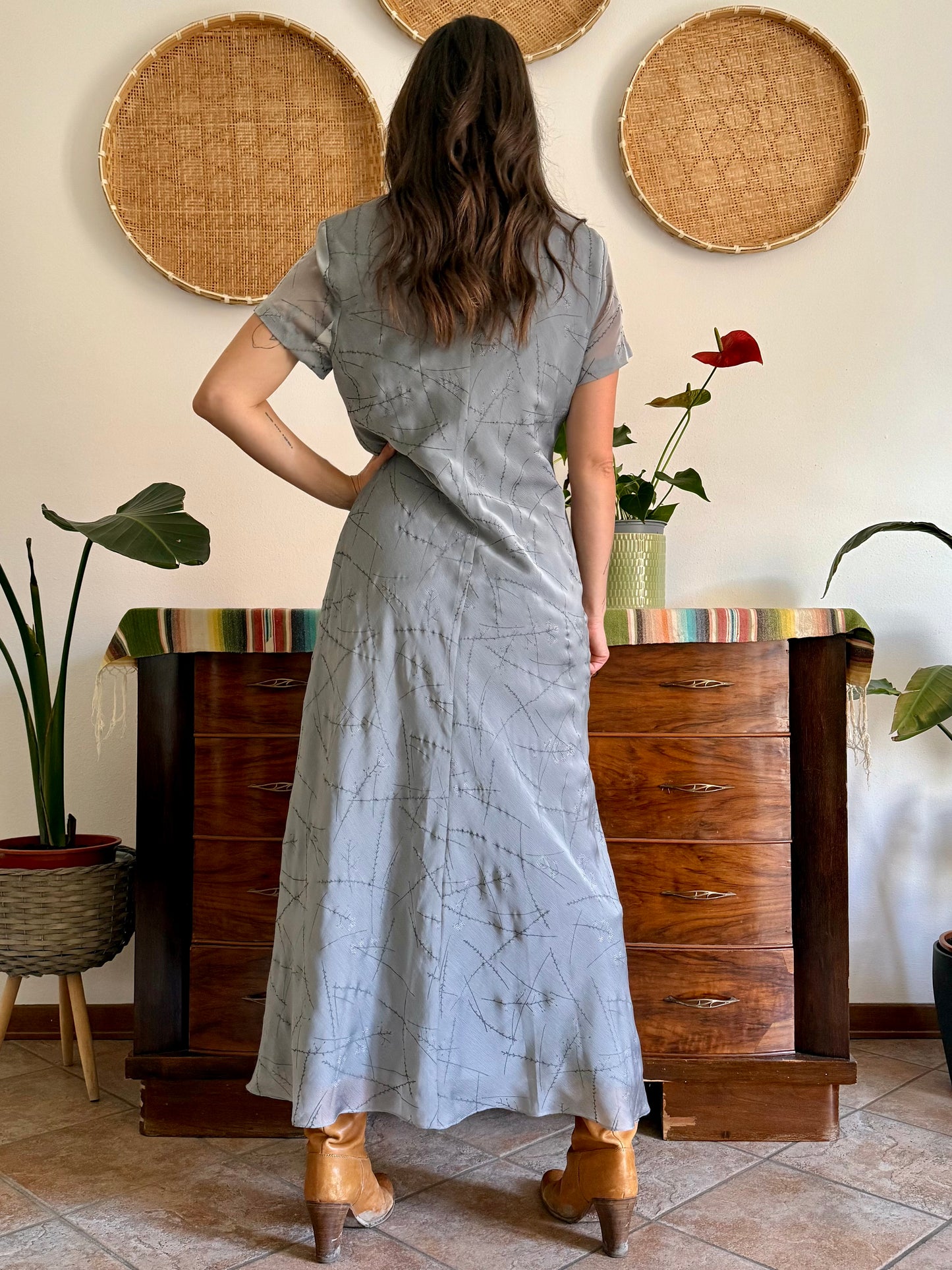 1990's vintage silver textured maxi dress with cherry blossom pattern