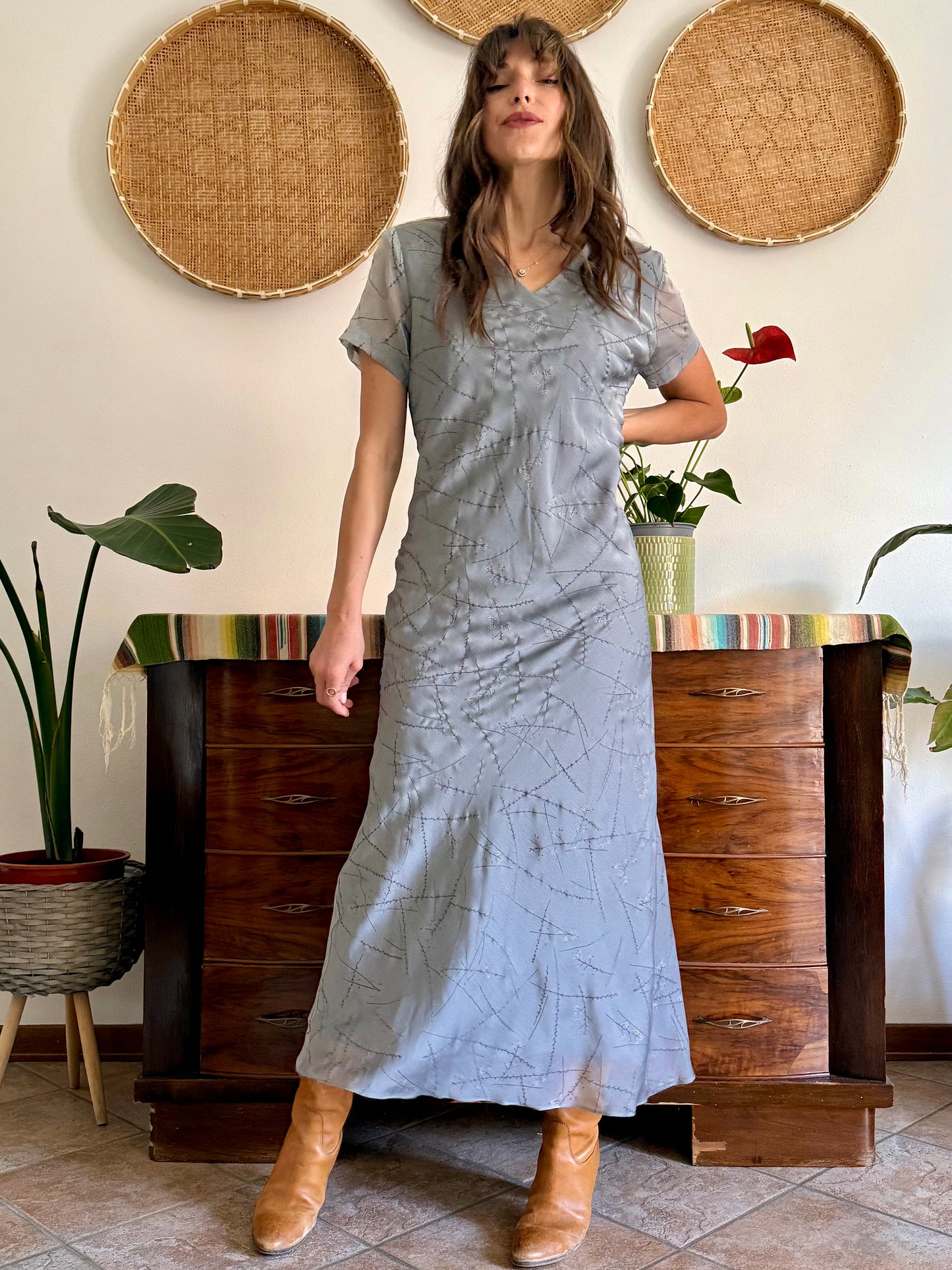 1990's vintage silver textured maxi dress with cherry blossom pattern