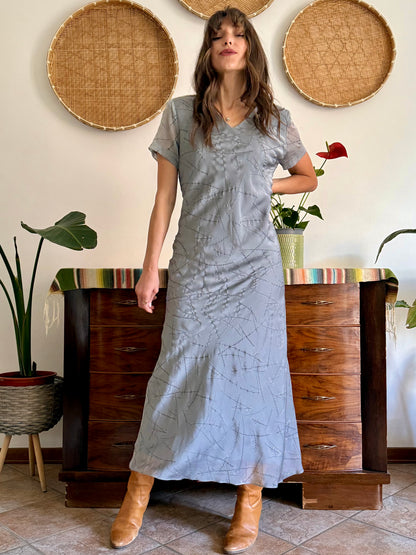1990's vintage silver textured maxi dress with cherry blossom pattern